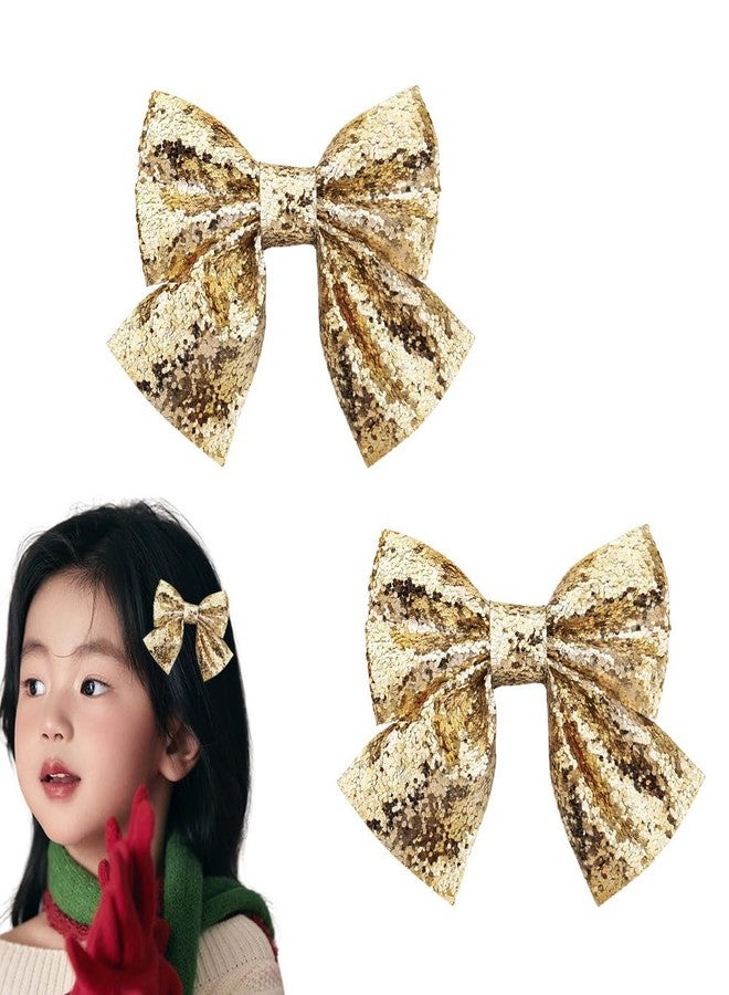 Sdopbinbin Gold Glitter Bow Hair Clips Barrettes for Girls Women Bling Christmas Ribbon Hair Clip Bow Alligator Hair Clips Gold Glitter Christmas Hair Accessories for Girls Women Hair Bows Clip Barrettes 2Pcs - Image 1